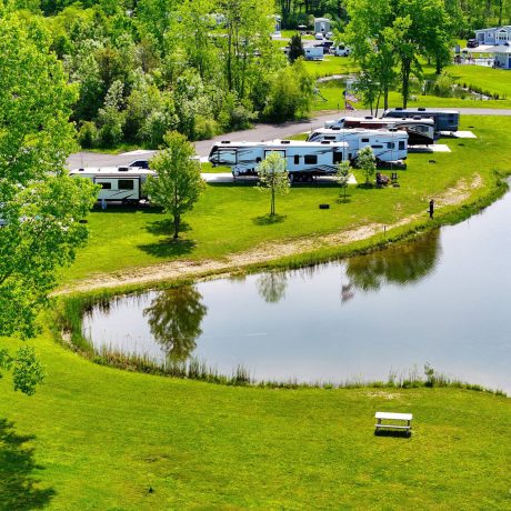Peaceful pond view along the Hidden Ponds RV Resort Wellness Trail South Haven Michigan