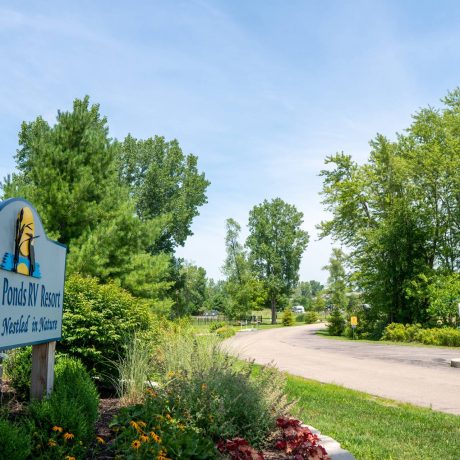 Full-hookup RV site surrounded by trees at Hidden Ponds RV Resort South Haven